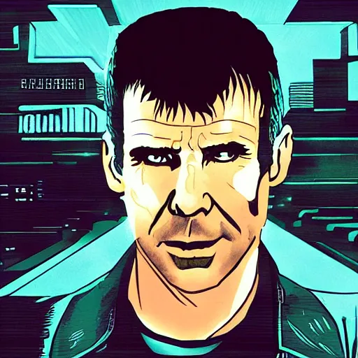 Prompt: rick deckard from blade runner colored digital illustration