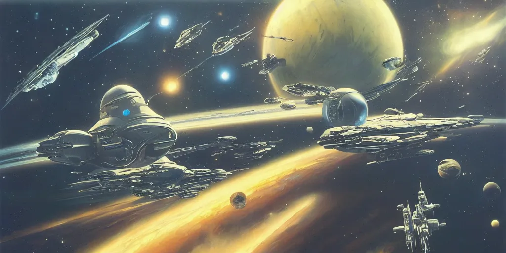 Image similar to a beautiful space scene with a spaceship, ralph mcquarrie, syd mead, john berkey, art bean trending on artstation, highly detailed oil painting, hyperrealistic, cinematic, dramatic lighting