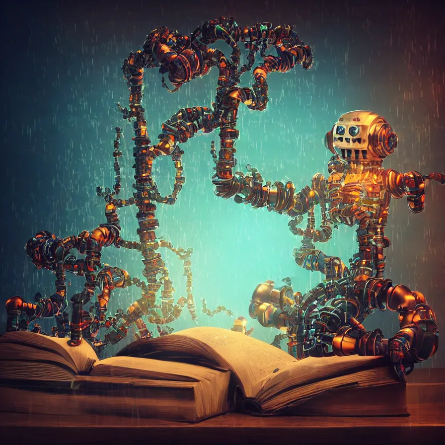 Image similar to A frightening multi armed evil robot devouring books with pipes and tubes and pages floating down, hyperealistic very colourful hdr cinematic lighting cgi render photorealistic cinematic octane render