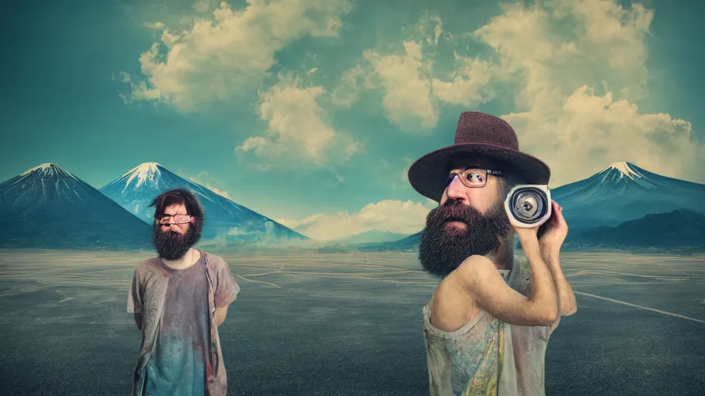 Image similar to portrait of a bearded german photographer at a vast temple under a vivid sky, aomori japan, a collage painting, in the style of wes anderson, lola dupre, david hockney, isolated on negative white space background dark monochrome neon spraypaint accents volumetric octane render