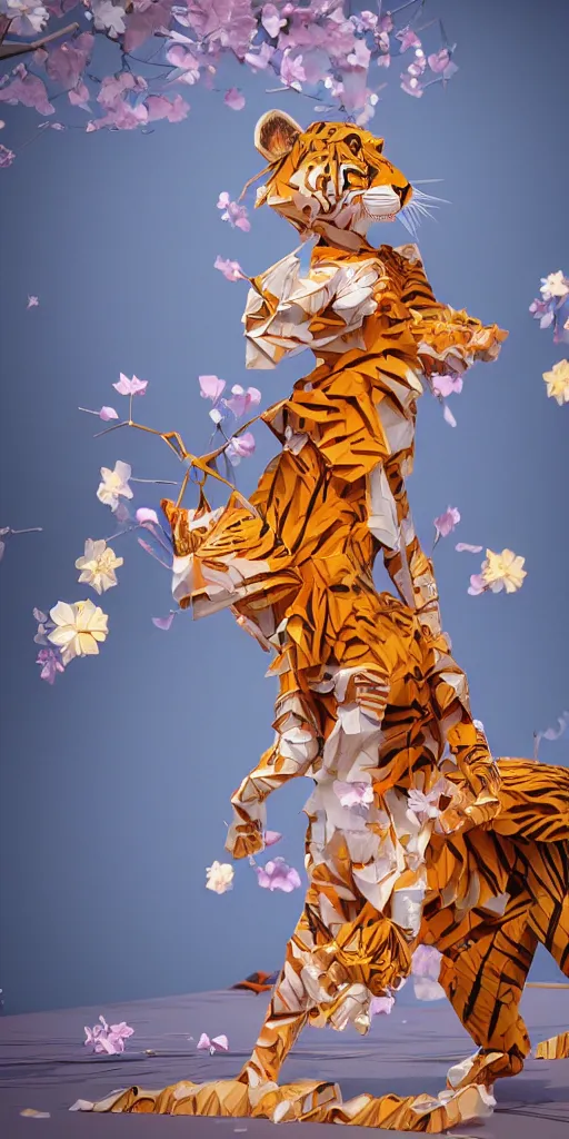 Image similar to <https://s.mj.run/fYu46ryI1Y0> a metropolis made out of origami paper, anthropomorphic tiger woman wearing a flowing tiffany-colored dress, paper origami, many origami sakura flowers, heavenly light, 3D, very detailed, octane render, trending ArtStation, artgem