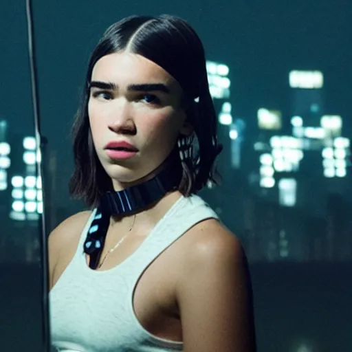 Prompt: movie still of cyborg dua lipa, cinematic composition, cinematic light, criterion collection, by edgar wright