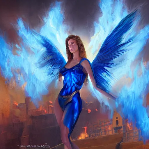 Image similar to a painting of a blue flaming angel in the middle of a citadel, artstation