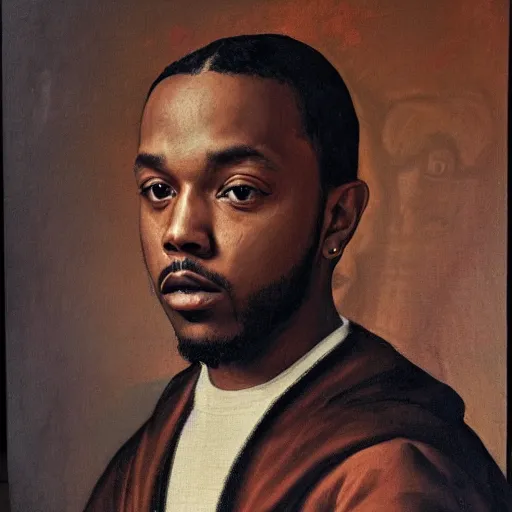 Image similar to a renaissance style portrait painting of kendrick lamar