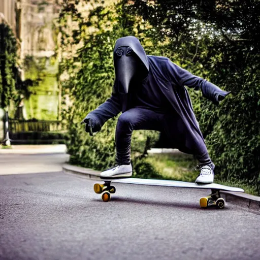 Image similar to a hyper realistic 4 k photoshoot of a plague doctor riding a skateboard