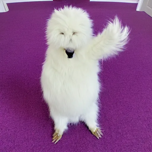 Image similar to a photo of a white fur monster standing in a purple room