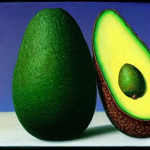 Image similar to surrealistic avocado on toast by magritte, oil on canvas