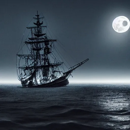 Image similar to an ornate pirate ship sailing out of thick fog on a moonlit night, 4 k, ultra realistic photo