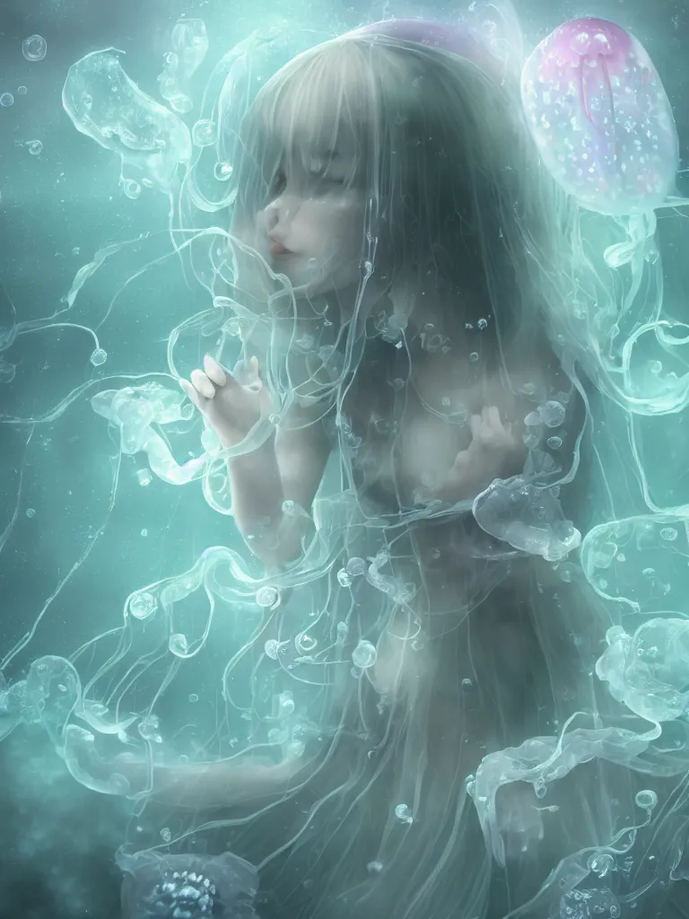 Image similar to cute fumo plush of an otherworldly translucent jellyfish goth girl floating in the deep sea, mysterious tattered maiden tendrils and dress, anime, heavy rain reflective water surface, glowing lens flare green wraith girl, wisps of volumetric fog and smoke in refracted vortices, vignette, bokeh, vray