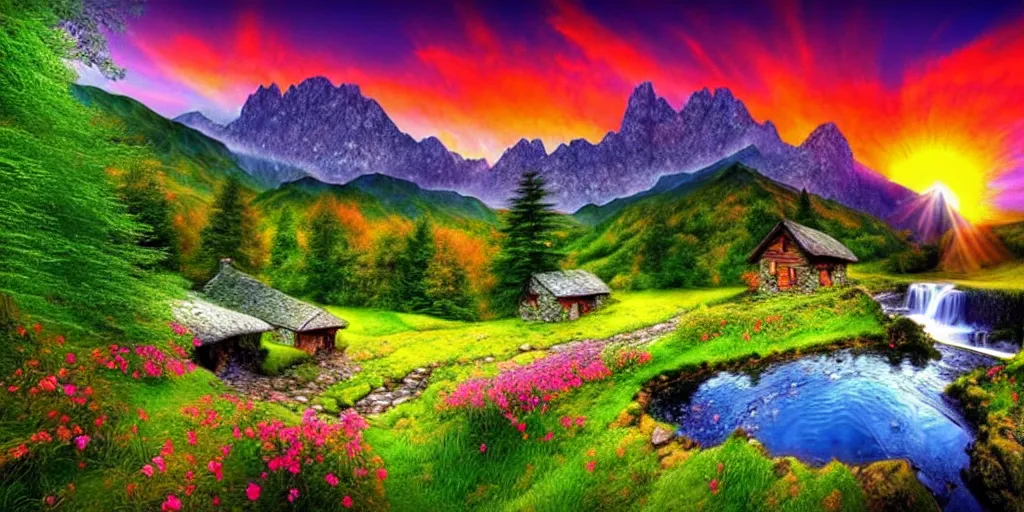 Image similar to a beautiful fantasy landscape, mountain in background, a waterfall in the mountains, little cottage, small pond, some trees in the corner, sunrise, hyper realism, artgem, art by philipp urlich, flat colors