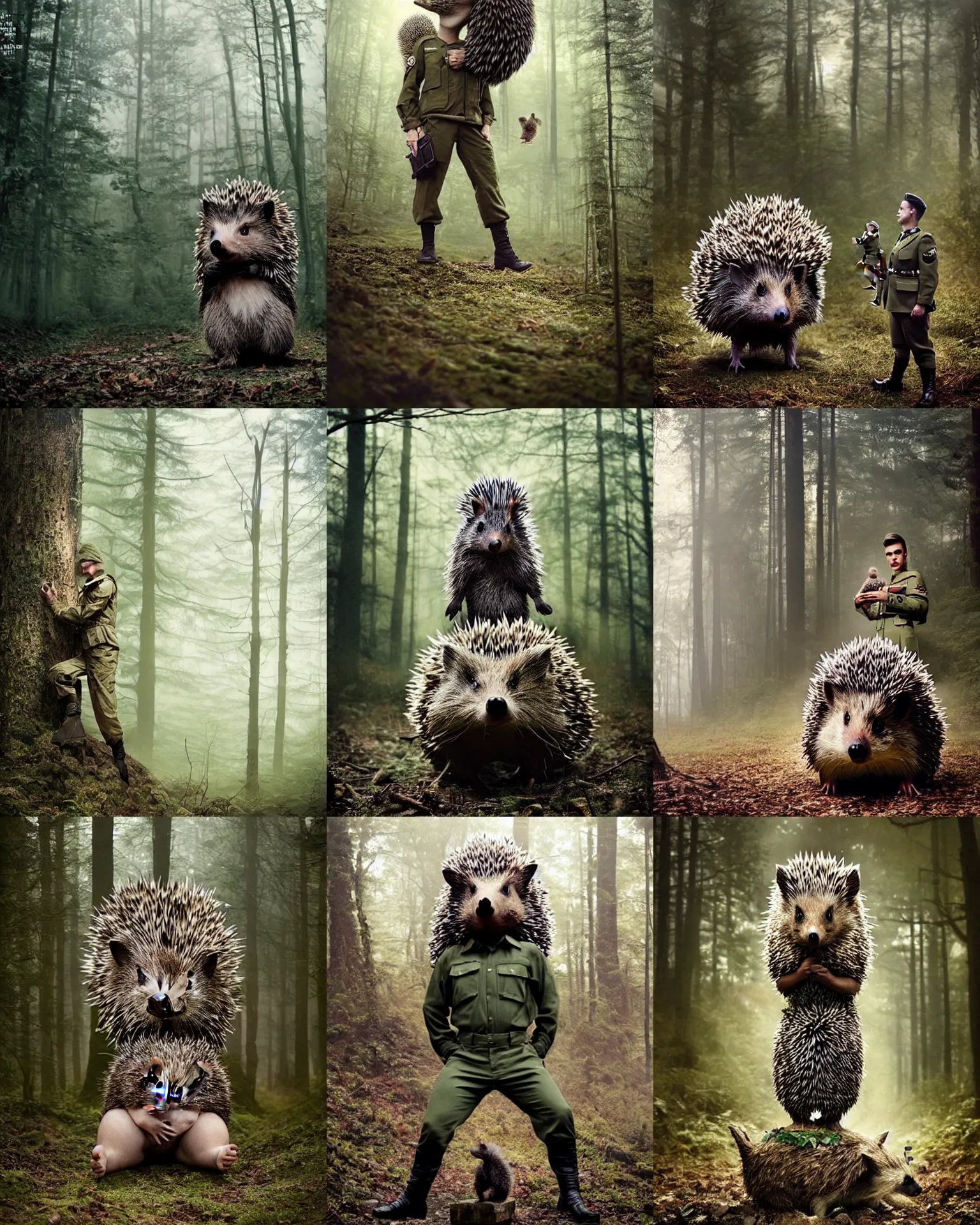Prompt: epic pose!!! giant oversized battle hedgehog with army pilot uniform and hedgehog babies ,in deep forest hungle , full body , Cinematic focus, Polaroid photo, vintage , neutral dull colors, soft lights, foggy mist , by oleg oprisco , by thomas peschak, by discovery channel, by victor enrich , by gregory crewdson