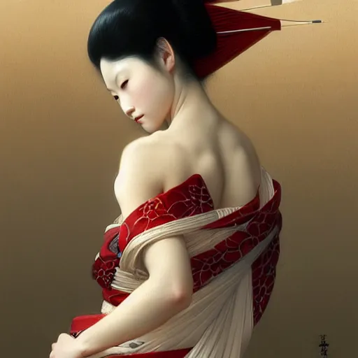 Image similar to gorgeous japanese geisha, full body, intricate, elegant, highly detailed, artstation, concept art, smooth, sharp focus, illustration, art by and greg rutkowski and orientalism and bouguereau