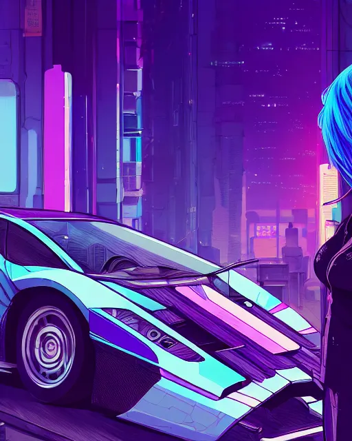 Image similar to digital illustration of cyberpunk pretty girl with blue hair, standing in front of a purple lamborghini, in junkyard at night, by makoto shinkai, ilya kuvshinov, lois van baarle, rossdraws, basquiat