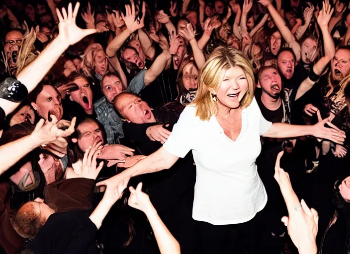 Prompt: publicity photo still of martha stewart in a death metal band in the mosh pit, 8 k, live concert lighting, mid shot