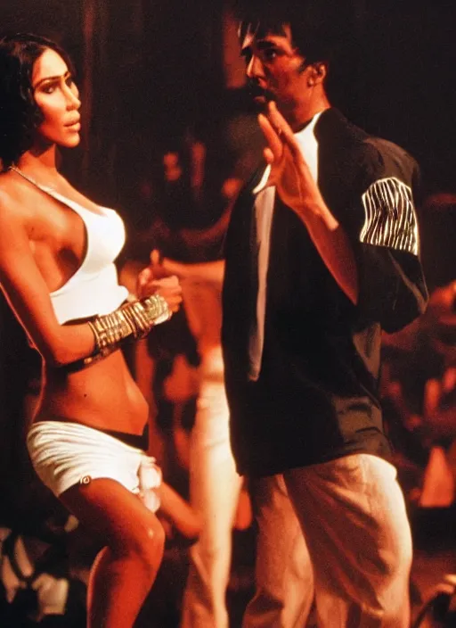 Image similar to film still of Tupac as tony montana dancing with kim kardashian in scarface, 4k