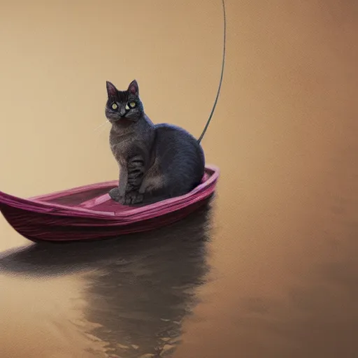 cat fishing in a river while in a boat illustrated by