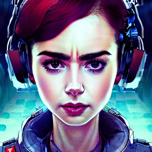 Image similar to character portrait of Lily Collins with gorgeous detailed eyes in the control cabin of a spaceship, color page, tankoban, 4 k, tone mapping, doll, akihiko yoshida, james jean andrei riabovitchev marc simonetti, yoshitaka amano, anime