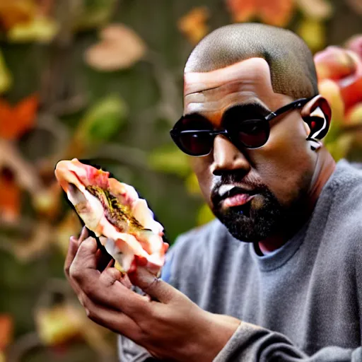 Image similar to bald kanye west eating apple pie on thanksgiving