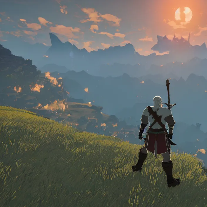 Image similar to Geralt of Rivia in The Legend of Zelda Breath of the Wild, detailed screenshot