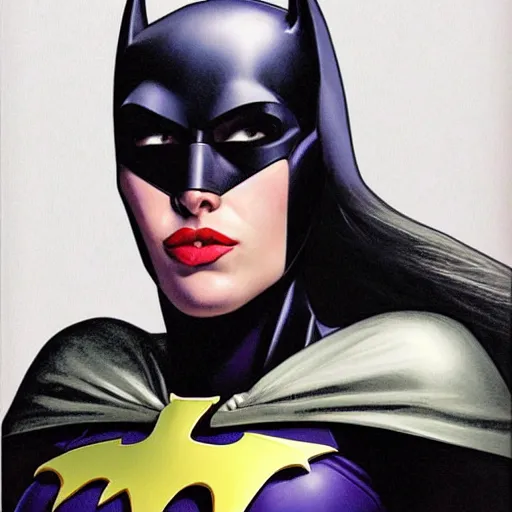Prompt: head and shoulders portrait of a female knight, batgirl, superhero, by phil noto, face detail, extremely detailed, comic book cover art