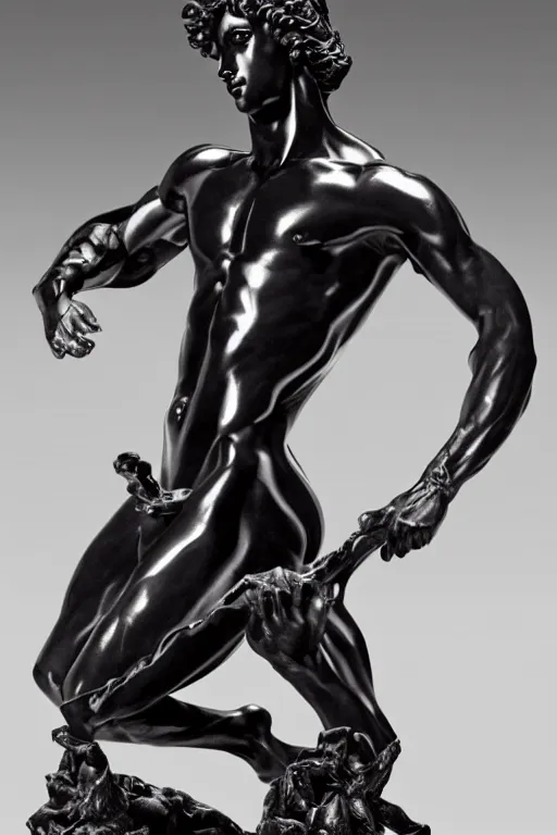 Image similar to andromeda prince statue sculpted by bernini and hedi xandt made with black marble with gold plating, realistic