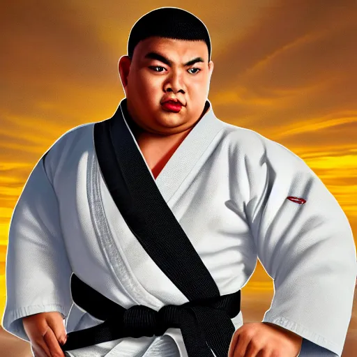 Prompt: hyperrealistic image of overweight martial artist in uniform doing kata