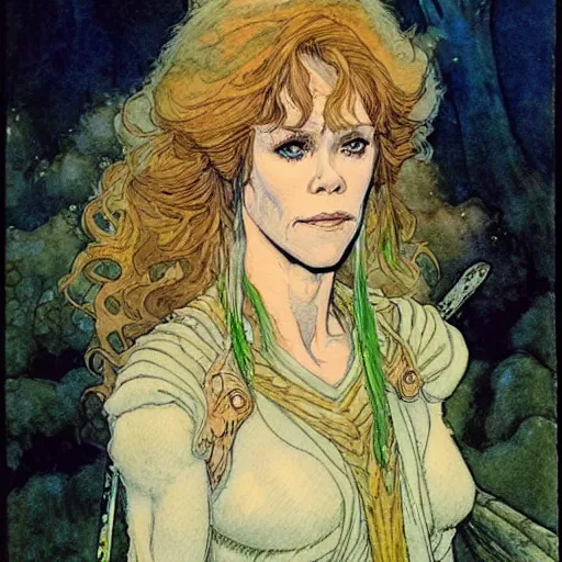 Image similar to a realistic and atmospheric watercolour fantasy character concept art portrait of jane fonda in her 2 0 s as a druidic warrior wizard looking at the camera with an intelligent gaze by rebecca guay, michael kaluta, charles vess and jean moebius giraud