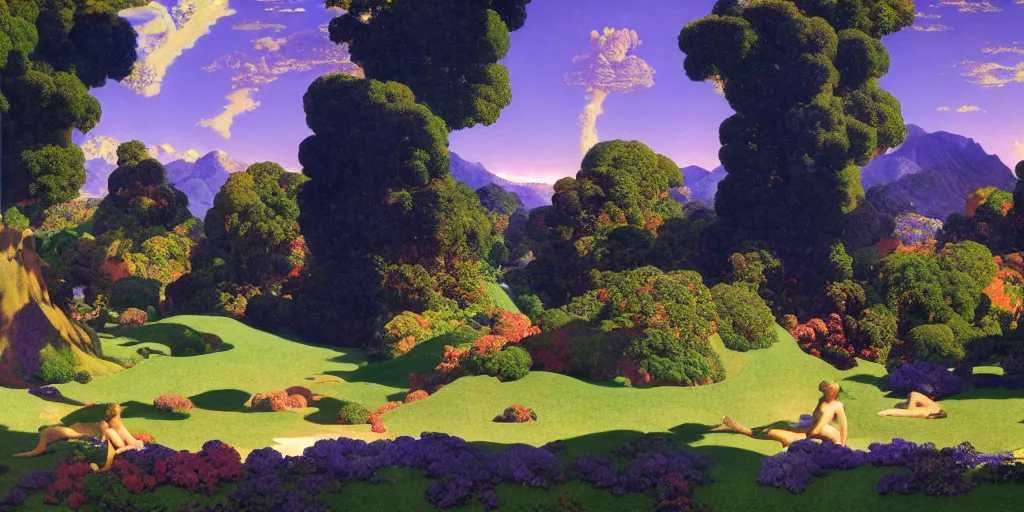 Prompt: a landscape of the Garden of Eden by Maxfield Parrish in a vaporwave style, digital art 8k