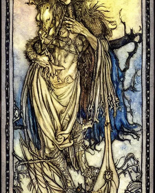 Image similar to tarot card detailed painting, illustration, tarot card framing with roman numbers, in style of Arthur Rackham