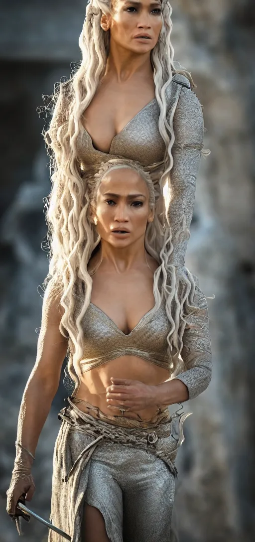 Image similar to Jennifer Lopez as Daenerys Targaryen, XF IQ4, 150MP, 50mm, F1.4, ISO 200, 1/160s, natural light