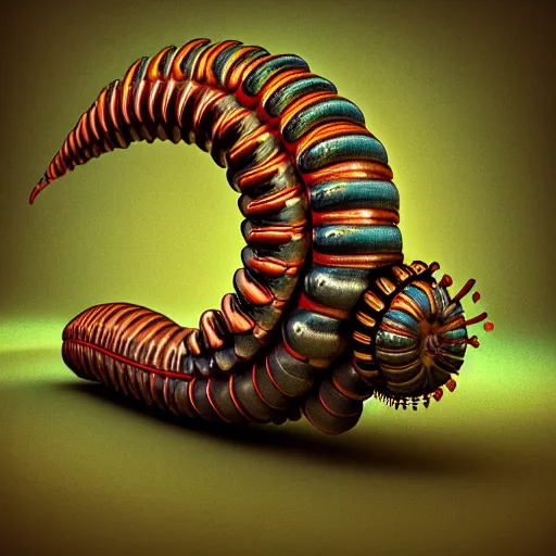 Image similar to Colour Caravaggio style photography of steampunk caterpillar in the forest, higly detailed caterpillar designed by Josan Gonzalez, many details, In style of Josan Gonzalez and Mike Winkelmann andgreg rutkowski and alphonse muchaand Caspar David Friedrich and Stephen Hickman and James Gurney and Hiromasa Ogura. Rendered in Blender, volumetric natural light