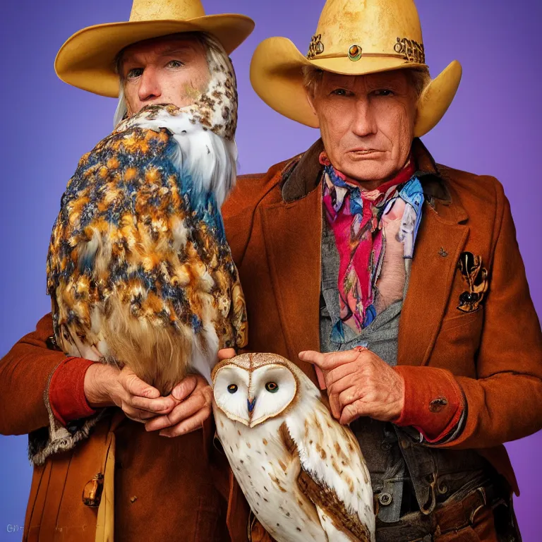 Image similar to high fashion photoshoot octane render portrait by wayne barlow and carlo crivelli and glenn fabry, a distinguished old cowboy wearing a colorful wes anderson designed cowboy costume and holding a barn owl inside a high - end exotic colorful pastel vintage boutique hotel lounge, very short depth of field, bokeh