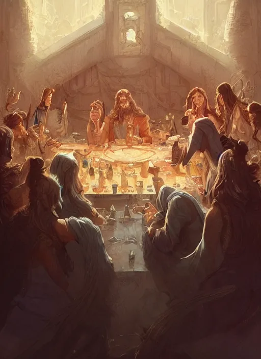 Image similar to the last supper beautiful painting by arthur addams and greg rutkowski and don bluth, highly detailed, illustration, epic, fantasy, intricate, hyper detailed, artstation, concept art, smooth, sharp focus, ray tracing