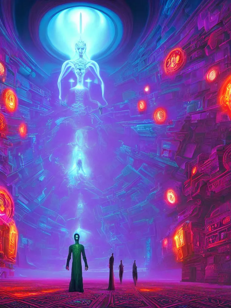 Image similar to entrance to matrix ethereal realm, shiva sentient, rendered in unreal engine, central composition, symmetrical composition, dreamy colorful cyberpunk colors, 6 point perspective, fantasy landscape with anthropomorphic terrain in the styles of igor morski, jim warren and rob gonsalves, intricate, hyperrealistic, volumetric lighting, neon ambiance, distinct horizon