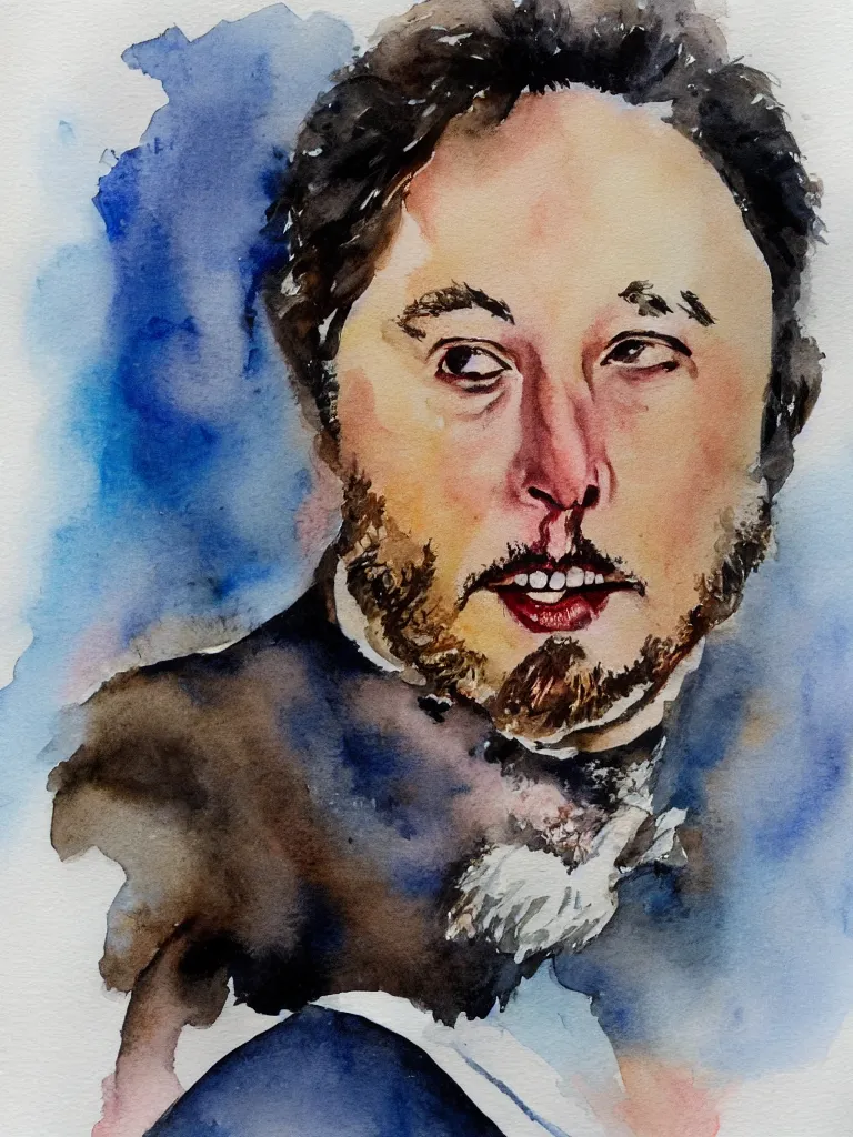 Prompt: a portrait of elon musk with an imperial beard. watercolors