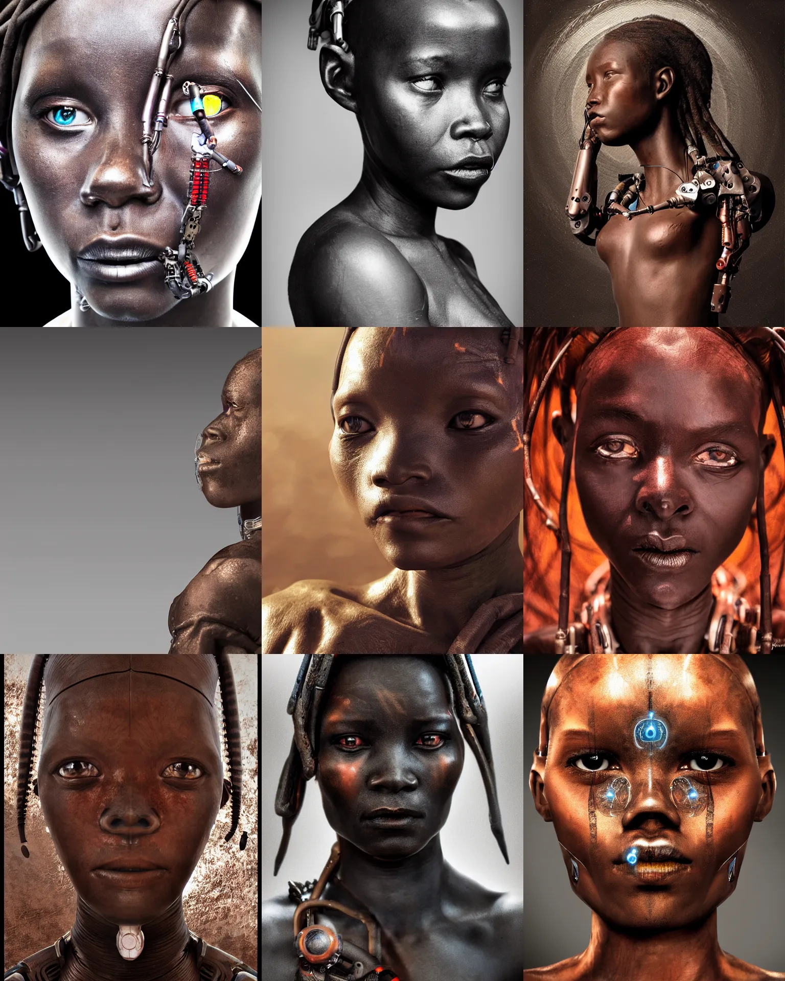 Prompt: futuristic himba young woman, cybernetic eye, mechanical limbs, realistic portrait film photograph, concept art for the expanse, dramatic lighting, intricate, depth of field, upper body
