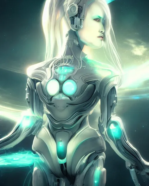 Image similar to perfect android girl on a mothership, warframe armor, beautiful face, scifi, futuristic, galaxy, nebula, raytracing, dreamy, long white hair, blue cyborg eyes, sharp focus, cinematic lighting, highly detailed, artstation, divine, by gauthier leblanc, kazuya takahashi, huifeng huang