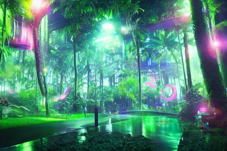 Image similar to neon rainforest, detailed render, hyperrealistic, cgsociety, artstation, 4k