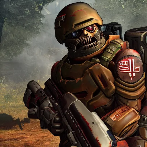 Image similar to doom slayer as american soldier, photography