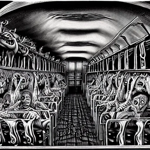 Image similar to an evil and grotesque school bus full of tortured souls. h. r. giger, h. p lovecraft, surrealism, highly detailed