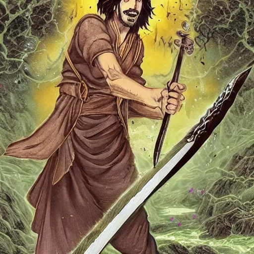 Image similar to 22 year old Frank Zappa golden Vagabond magic swordsman glides through a beautiful battlefield magic the gathering dramatic esoteric!!!!!! pen and ink!!!!! illustrated in high detail!!!!!!!! by Hiroya Oku!!!!! Written by Wes Anderson graphic novel published on shonen jump 2002 award winning!!!!