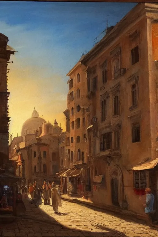 Image similar to painting of view of old European city with mix of middle eastern architecture fusion, photoreal, sunset light, painting by Charles Leickert , old master painting