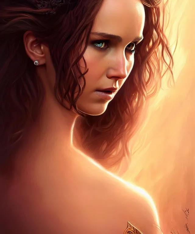 Prompt: half nathalie portman half Jennifer lawrence a fantasy magic woman portrait, sci-fi, amber eyes, face, long hair, fantasy, intricate, elegant, highly detailed, digital painting by Boticceli, artstation, concept art, smooth, sharp focus, illustration, art by artgerm and greg rutkowski and alphonse mucha