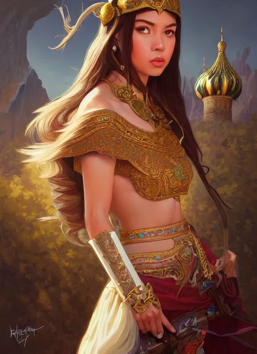 Image similar to portrait of russian mexican asian girl jodhpurs hyperborea lemuria, deep focus, d & d, fantasy, intricate, elegant, highly detailed, digital painting, artstation, concept art, matte, sharp focus, illustration, hearthstone, art by rhads by artgerm and greg rutkowski and alphonse mucha