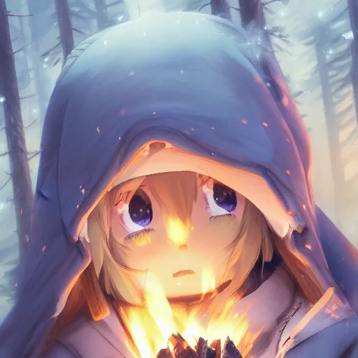 Image similar to yuru camp anime campfire hyperdetailed blue eyes, trending on artstation, cinematic lighting, highly realistically detailed, trending on pixiv , Unreal Engine 4k, detailed faces, manga cover, official anime key visual by greg rutkowski