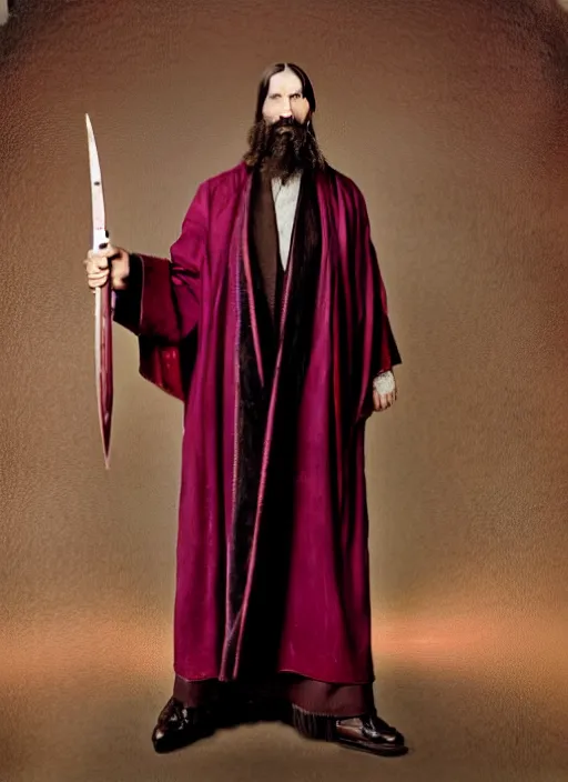 Prompt: full body portrait of RASPUTIN wearing a highly detailed deep purple and crimson robe with cloak. Cinematic dynamic lighting with backlight. Rasputin holds a machete in each hand. portrait by Annie Leibovitz