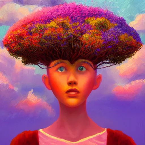 Prompt: girl with surreal flower as a face, flower field, big trees, sunrise dramatic light, impressionist painting, colorful clouds, digital painting, pointillism, artstation, simon stalenhag