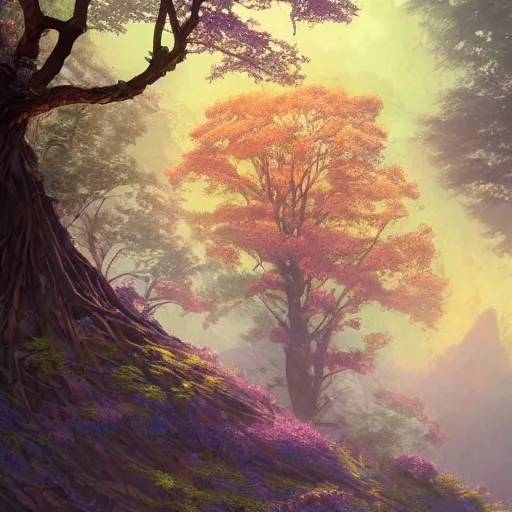 Prompt: a big tree on a mountain with purple leaves and some leaves falling retro digital painting, artstation, concept art, soft light, hdri, smooth, sharp focus, illustration, fantasy, intricate, elegant, highly detailed, D&D, matte painting, in the style of Greg Rutkowski and Alphonse Mucha and artemisia, 8k, highly detailed, jurgens, rutkowski, bouguereau, pastoral, rustic, georgic