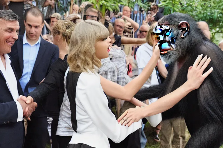 Prompt: Taylor Swift shaking hands with a chimpanzee