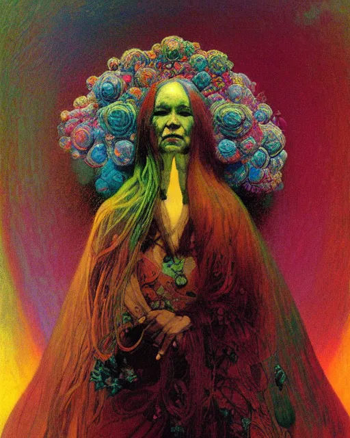 Image similar to rainbow flowerpunk portrait of a fierce old matriarch by paul lehr, beksinski, alphonse mucha